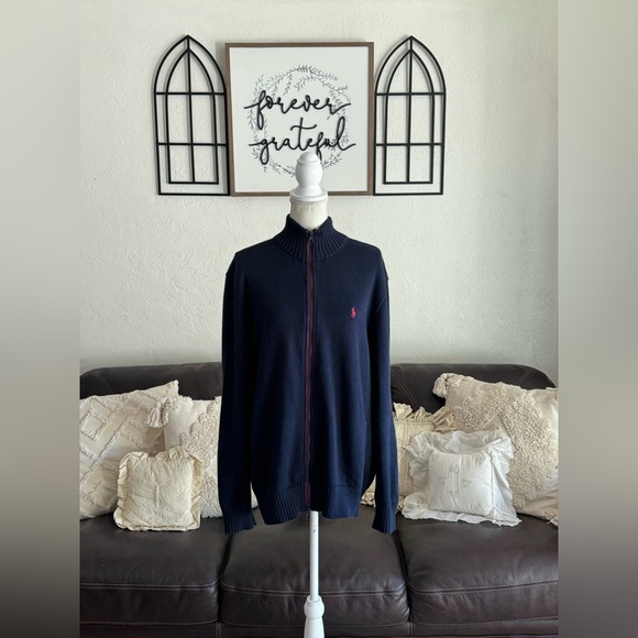 Polo Ralph Lauren Navy Blue Full Zip Cable Knit Sweater Men’s Size XL Classic - Picture 3 of 15